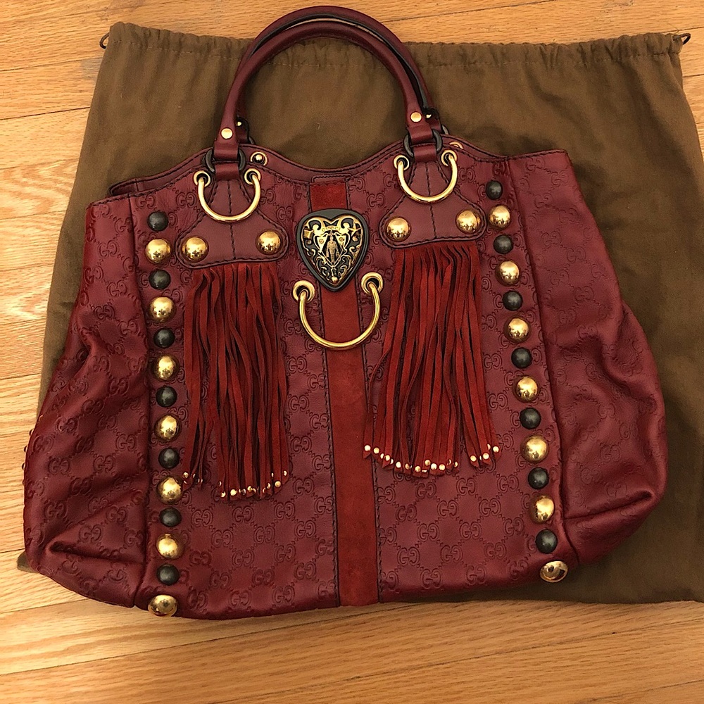 Gucci Babouska Large Fringe Studded Heart Tote Bag